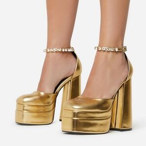 EGO Gold Metallic Square Toe Rhinestone Ankle Strap Double Platform Pump Size 11